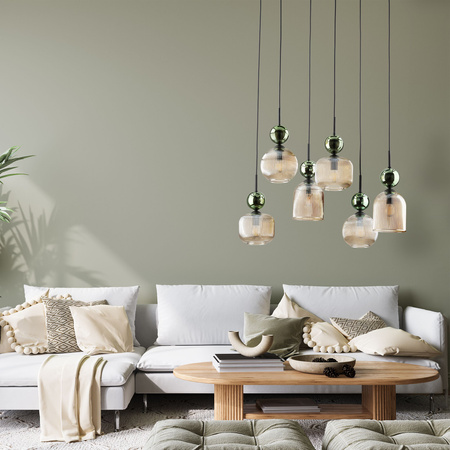 Lampa wisząca 6 z ryflowanymi koniakowymi kloszami i zielonymi kulami SOPHIA GREEN COGNAC LAMPA WISZĄCA 6XE14 6xE14 Tk Lighting 11150