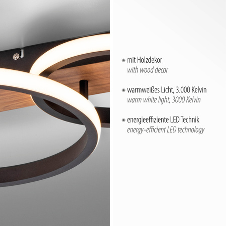Lampa sufitowa trzy czarne ringi na drewnianej podstawie TROOPER LED 3000K Just Light  15616-78