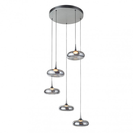Srebrna lampa wisząca pięcozwisowa na okrągłej podstawie z dymionymi kloszami 5xLED 3000K Tenele Italux PND-24028-5A-SILV