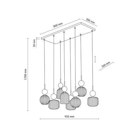 Lampa wisząca ósemka z ryflowanymi koniakowymi kloszami i zielonymi kulami SOPHIA GREEN COGNAC 8xE14 Tk Lighting 11151