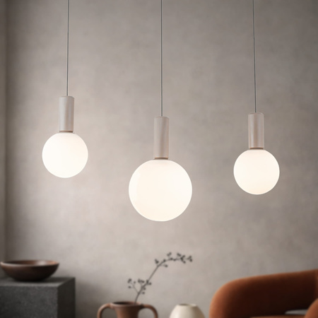 Lampa wisząca beżowa trzy białe klosze o różnych wielkościach na belce TESTA 3xG9 Candellux Studio 33-51110