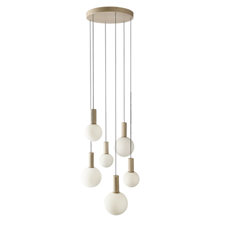 Lampa wisząca beżowa 6 szklanych kloszy o różnych rozmiarach na okrągłej podstawie TESTA 6xG9 klosze białe Candellux Studio 36-50915