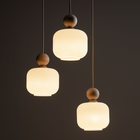 Lampa wisząca potrójna ryflowane białe klosze + element drewna BALLO 3xE14 Tk Lighting 11050