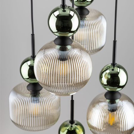 Lampa wisząca pięciozwisowa z ryflowanymi koniakowymi kloszami i zielonymi kulami SOPHIA GREEN COGNAC 5xE14 Tk Lighting 11149