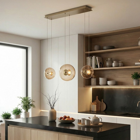Potrójna lampa wisząca na listwie z trzema bursztynowymi kloszami LED 3000K ANDORA PENDANT 3 LINE 3-STEP DIMM AMBER Azzardo AZ6884