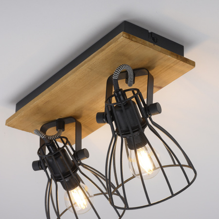 Lampa sufitowa industrialna 2-punktowa czarna z drewnem – regulowane druciane klosze TARO 2xE14 Just Light 15118-18