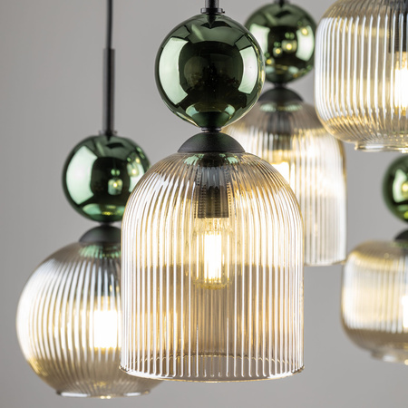 Lampa wisząca 6 z ryflowanymi koniakowymi kloszami i zielonymi kulami SOPHIA GREEN COGNAC LAMPA WISZĄCA 6XE14 6xE14 Tk Lighting 11150