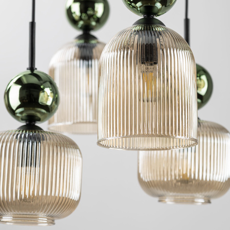Lampa wisząca ósemka z ryflowanymi koniakowymi kloszami i zielonymi kulami SOPHIA GREEN COGNAC 8xE14 Tk Lighting 11151
