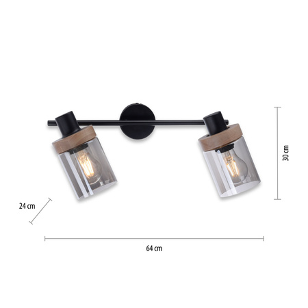 Podwójna czarna lampa sufitowa szklane klosze i elementy drewniane PASQUAL 2xE27 Just Light 11312-18