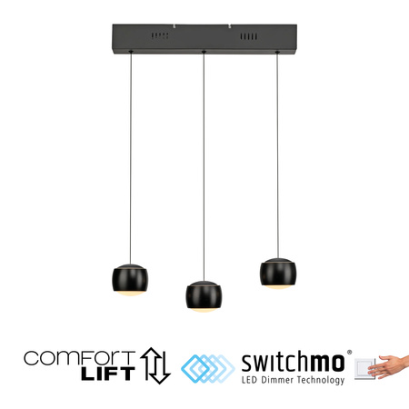 Lampa wisząca trzy wiszące czarne kule na belce z funkcją SwitchMo i ComfortLift BALLINI Just Light 15261-18