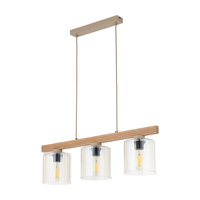 Lampa wisząca trzy cylindryczne klosze na drewnianej belce VIGA GLASS 3XE27 Tk Lighting 11805