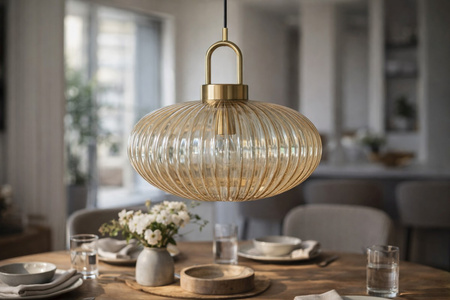 Czarna lampa wisząca z ryflowanym kloszem ufo K-5855 z serii AKARI Kaja Lighting