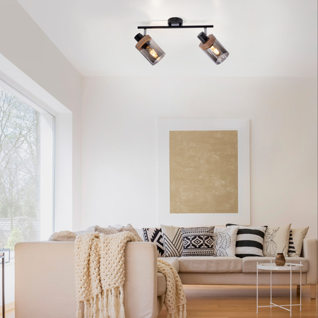 Podwójna czarna lampa sufitowa szklane klosze i elementy drewniane PASQUAL 2xE27 Just Light 11312-18