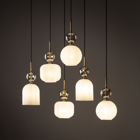 Lampa wisząca 6 zwisów szklane ryflowane klosze 6xE14 SOPHIA COGNAC WHITE Tk Lighting 11594