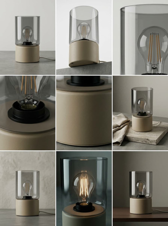 Beżowa lampka stołowa na komodę, cylindryczny klosz DEX Kaja Lighting K-6055