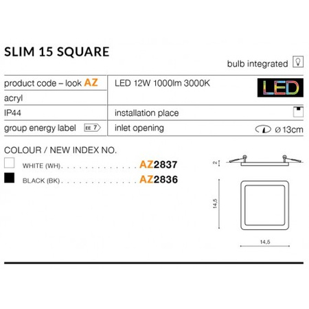 Kwadratowa oprawa wpuszczana do łazienki SLIM 15 SQUARE 3000K IP44 WHITE AZZARDO AZ2837