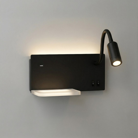 Kinkiet, lampa nocna ścienna z półką i USB Shelf Led 4W+5W+2W prawa Czarny Milagro ML2887