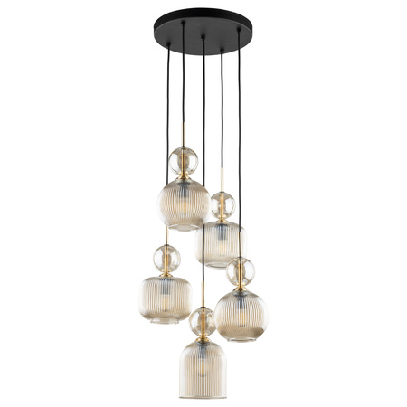 Lampa wisząca pięciozwisowa ze szklanymi karbowanymi kloszami na okrągłej podsufitce SOPHIA COGNAC 5xE14 Tk Lighting 11043