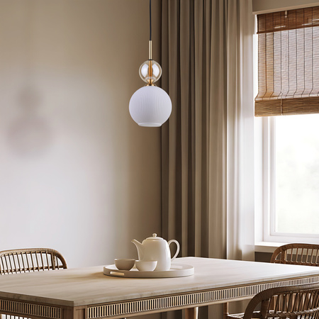 Pojedyńcza lampa wisząca z białym ryflowanym kloszem i ozdobną kulą SOPHIA COGNAC WHITE 1XE14 Tk Lighting 11590