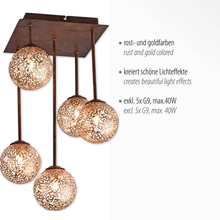Lampa sufitowa pięć metalowych kul GRETA RDZA/ZŁOTY 5xG9 Paul Neuhaus 6234-48