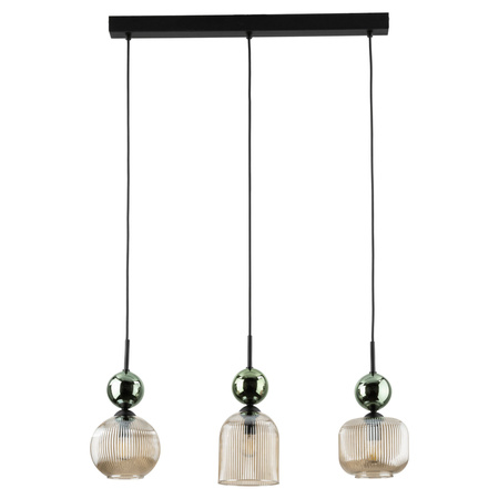 Lampa wisząca listwa potrójna z ryflowanymi koniakowymi kloszami i zielonymi kulami SOPHIA GREEN COGNAC 3xE14 Tk Lighting 11147