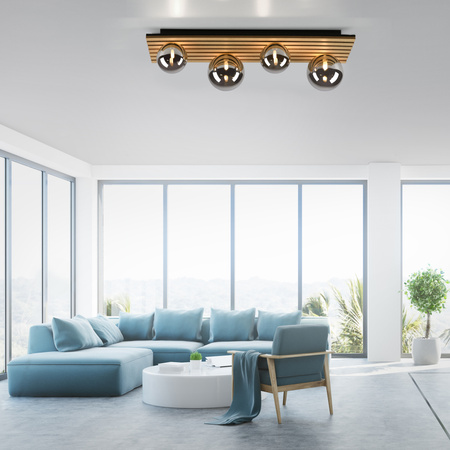 Prostokątna lampa sufitowa drewniana z czterema szklanymi kloszami GREEN STIKA 4xG9 Just Light 15209-79