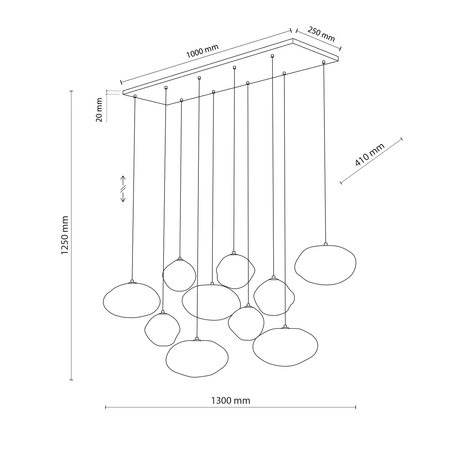 Lampa wisząca 10 nieregularnych szklanych kloszy na prostokątnej podstawie w kolorze sabia NEBIA SABIA 10xG9 Tk Lighting 10754