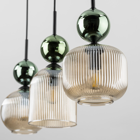 Lampa wisząca listwa potrójna z ryflowanymi koniakowymi kloszami i zielonymi kulami SOPHIA GREEN COGNAC 3xE14 Tk Lighting 11147