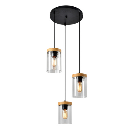 WELS LAMPA WISZĄCA TALERZ CZARNY+DREWNIANY 3X40 E27 KLOSZ DYMIONY Candellux 33-22011