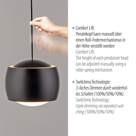 Lampa wisząca pięć wiszących czarnych kul na belce z funkcją SwitchMo BALLINI Just Light 15262-18