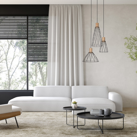 LAMPA WISZACA 3 KOŁO metalowa, czarna z detalami MODESTO WOOD SOSNA TK Lighting 10188