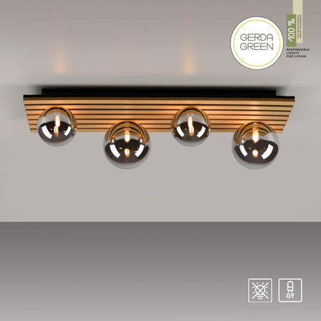 Prostokątna lampa sufitowa drewniana z czterema szklanymi kloszami GREEN STIKA 4xG9 Just Light 15209-79