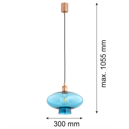 Lampa wisząca w kolorze miedzianym szklany błętkitny klosz o średnicy 30cm TRESCO Argon 8982