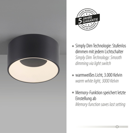 Okrągła czarna oprawa natynkowa o średnicy 16cm TANIKA LED z funkcją SimplyDim Just Light 14325-18
