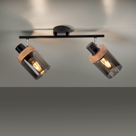 Podwójna czarna lampa sufitowa szklane klosze i elementy drewniane PASQUAL 2xE27 Just Light 11312-18
