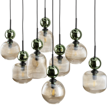 Lampa wisząca ósemka z ryflowanymi koniakowymi kloszami i zielonymi kulami SOPHIA GREEN COGNAC 8xE14 Tk Lighting 11151