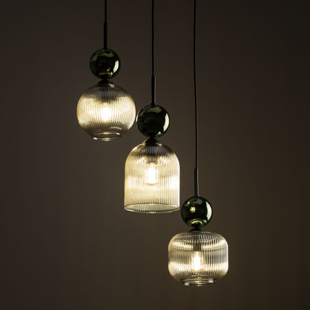 Lampa wisząca potrójna na kole z ryflowanymi koniakowymi kloszami i zielonymi kulami SOPHIA GREEN COGNAC 3xE14 Tk Lighting 11148
