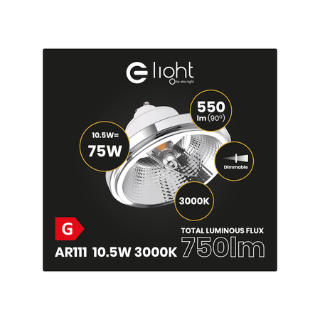 ŻARÓWKA AR111 10,5W GU10 3000K Biały z odbłyśnikiem Ściemnialna Eko-Light AR8618