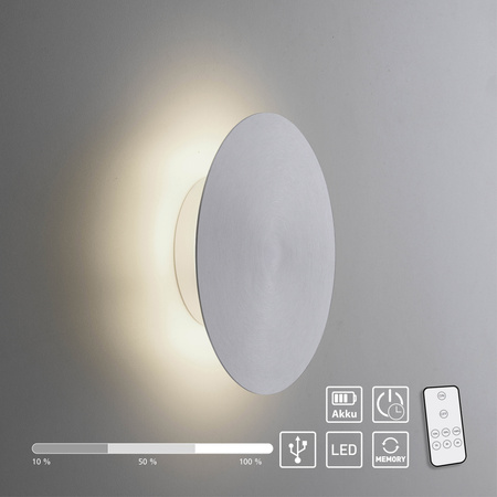 Dekoracyjny bezprzewodowy kinkiet ścienny 18cm w kolorze aluminium ładowany USB AKKU-PUNTUA 8152-95