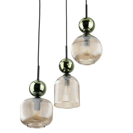 Lampa wisząca potrójna na kole z ryflowanymi koniakowymi kloszami i zielonymi kulami SOPHIA GREEN COGNAC 3xE14 Tk Lighting 11148