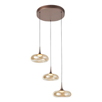 Potrójna lampa wisząca miedziana na kole z bursztynowymi kloszami 3xLED 3000K Tenele Italux PND-24028-3A-COPP