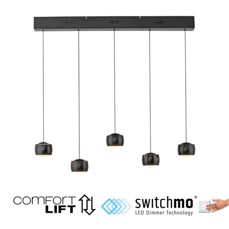 Lampa wisząca pięć wiszących czarnych kul na belce z funkcją SwitchMo BALLINI Just Light 15262-18