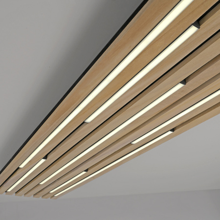 Prostokątna lampa sufitowa 115x30cm drewniane lamele z LED strerowana pilotem i aplikacją Q-AKUSTIK Paul Neuhaus 6422-79