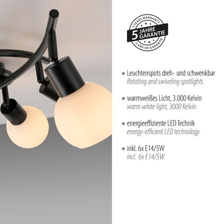 Czarna lampa sufitowa spiralna 6-punktowa czarna z mlecznymi kloszami 6xE14 Loki Just Light 12155-18