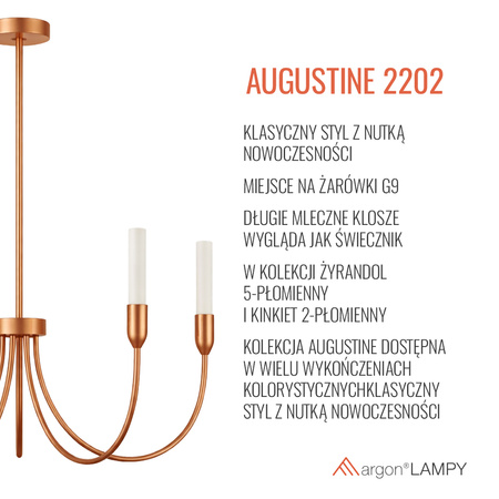 Pięcioramienny żyrandol w kolorze miedzianym z pionowymi mlecznymi kloszami AUGUSTINE 5xG9 Argon 2202