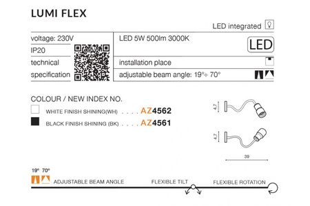 Kinkiet czarny z giętkim ramieniem LED LUMI FLEX BK AZZARDO AZ4561