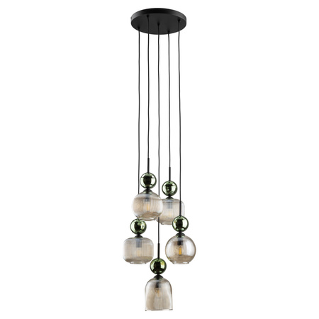 Lampa wisząca pięciozwisowa z ryflowanymi koniakowymi kloszami i zielonymi kulami SOPHIA GREEN COGNAC 5xE14 Tk Lighting 11149
