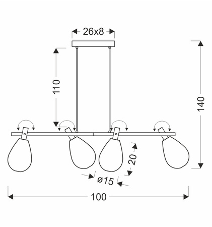 Lampa wisząca cztery szklane ruchome klosze na czarnej belce DENSO 4xG9 Candellux Studio 34-51226