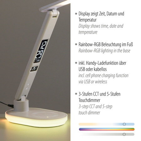 Biała lampka biurkowa LED z zegarkiem i stacją ładowania TINA RGB Just Light 11018-16