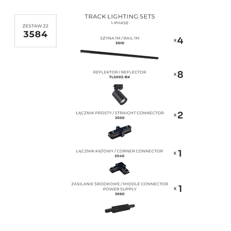 Zestaw szynoprzewodu 2m x 2m w kształcie L z ośmioma spotami GU10 Zuma Line 3584